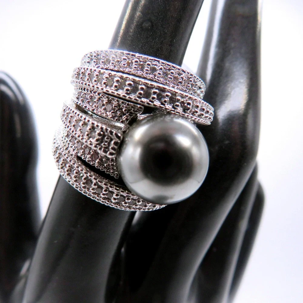 Wide Multi Row Pave Rhinestone Faux Grey Pearl Statement Ring Size 5 Silver Tone